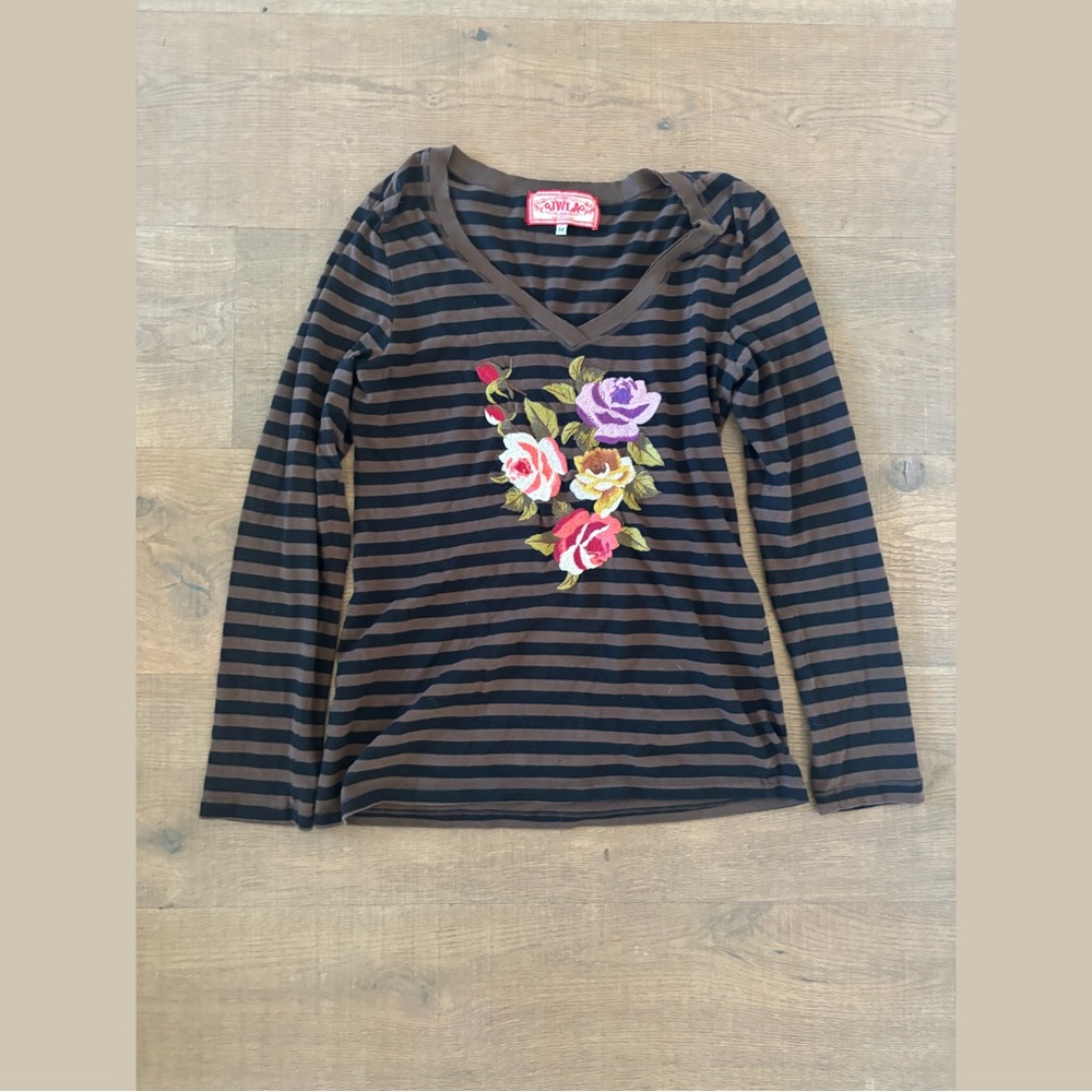 johnny was jwla striped floral embroidered long sleeve v-neck shirt